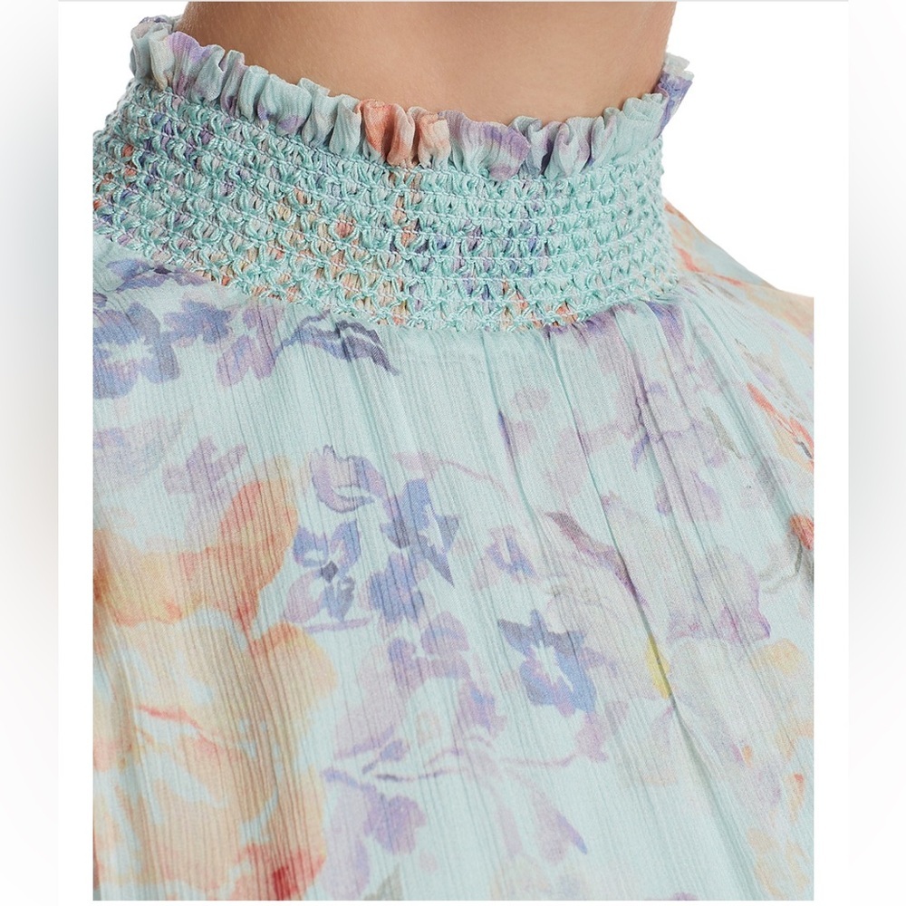 Alice + Olivia Floral Smocked High Neck Blouse Blue Sleeveless Small - Picture 4 of 12